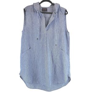 FORCYNTHIA Linen Cotton Swim Cover Up Blue White Striped Hooded Beach Sz L / XL